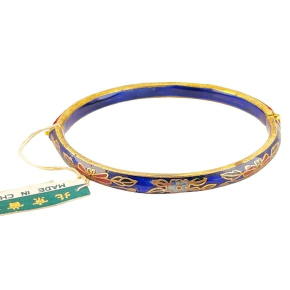 Chinese Export 1970s Enameled Cloisonne Cinnabar Hinged Bracelet Red Blue - Picture 1 of 4